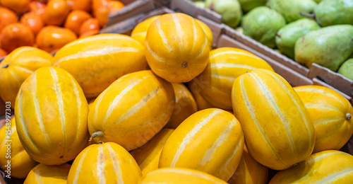 Korean Melon or oriental melon on display in a local famer market.