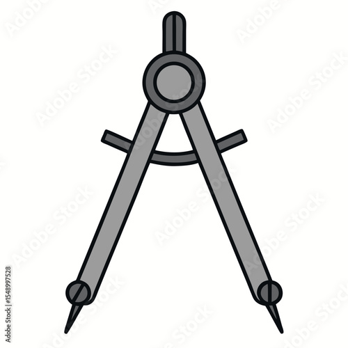 A simple gray drawing compass with black outlines on a white background