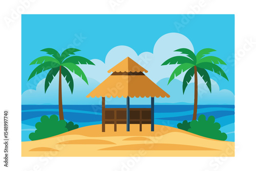 Serene Beach Hut Escape Tropical Paradise Illustration