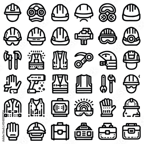Set of 36 Outline Icons of Safety Helmets, Gloves, and Protective Gear set4 Adobe Illustrator Artwork. Perfect for apps, websites, signage, and safety-related design projects.
