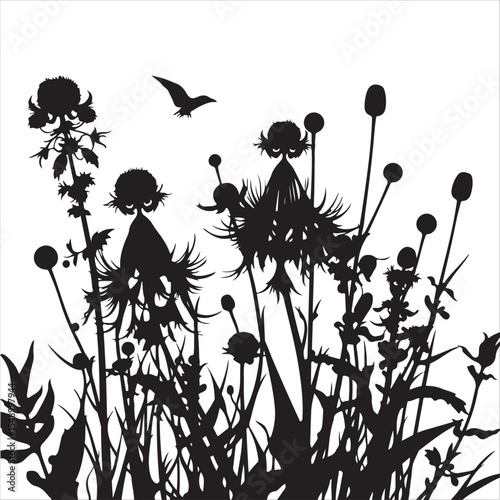 A surreal dreamlike swamp milkweed silhouette rendered in a classic black and white vector style, elegantly set against a clean white background.  