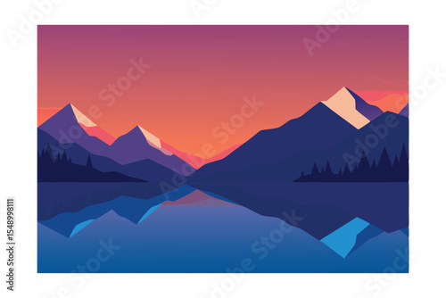 Serene Sunset Mountain Lake Reflection A Minimalist Landscape Illustration