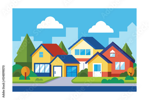 Vibrant Suburban Neighborhood Colorful Houses and Lush Greenery