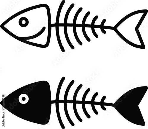 Minimalist Fish Skeleton Icon – Grayscale Line Art Vector Illustration, Clean Symmetrical Bones