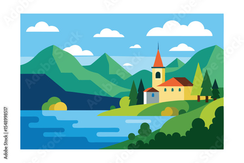 Serene Lakeside Church Picturesque Mountain Village Illustration