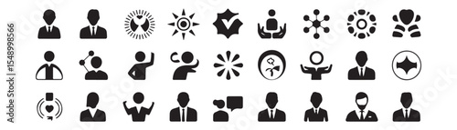 Collection of diverse black and white business and social icons arranged in a grid formation neatly displayed