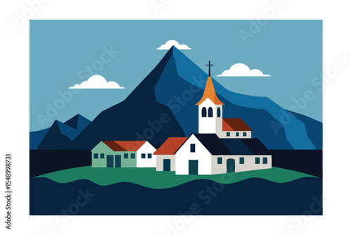 Serene Mountain Village Church A Peaceful Landscape Illustration