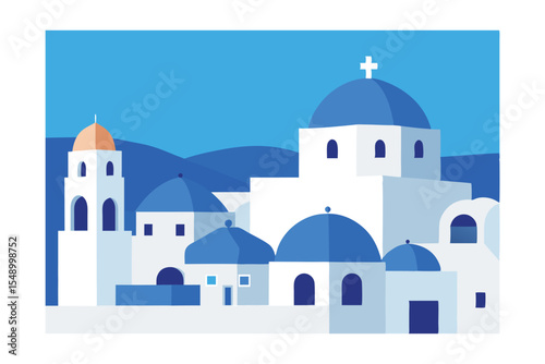 Charming Greek Island Village Blue Domes and Whitewashed Houses Illustration