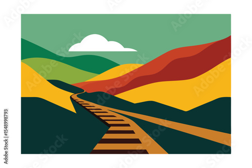 Journey Through Colorful Mountains A Scenic Railroad Track Illustration