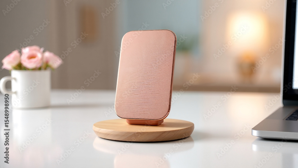 Naklejka premium Photo of wireless phone charger on a wooden desk with laptop and flowers