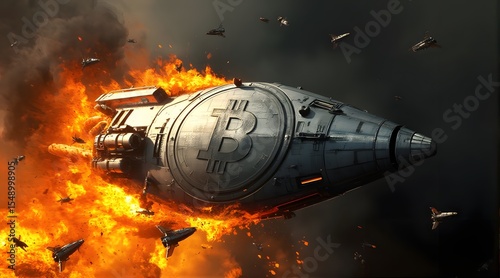 Wallpaper Mural Bitcoin Rocket Exploding amidst Fiery Chaos and Fighter Jets Torontodigital.ca
