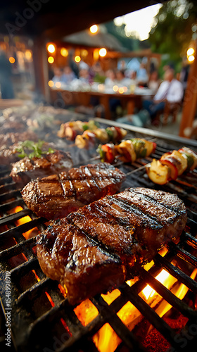 Delicious juicy steaks and vegetable skewers grilling on a barbecue for a dinner party with friends. Blurred background