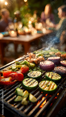 Delicious vegetables grilling on barbecue with friends dining in background