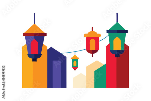 Vibrant Ramadan Lantern Cityscape Festive Lights and Buildings Illustration