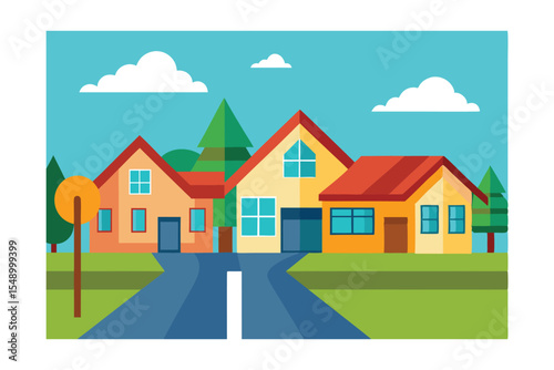 Charming Suburban Neighborhood Colorful Houses and Tree-Lined Street