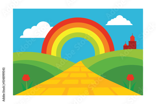 Vibrant Rainbow over Yellow Brick Road A Whimsical Illustration