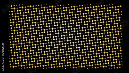 Abstract halftone background with glowing yellow and orange dots on a dark black canvas. for digital art, futuristic interfaces, energetic design projects requiring a luminous and pixelated texture
