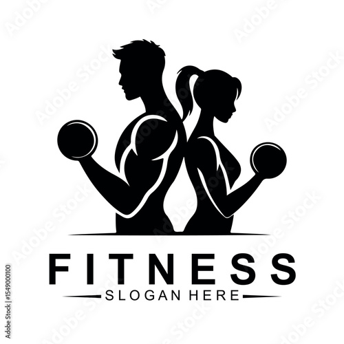 Fitness Logo with Man and Woman Lifting Dumbbells Vector