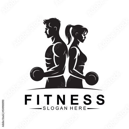 Fitness Logo with Man and Woman Lifting Dumbbells Vector