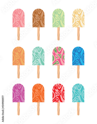 A vibrant collection of colorful popsicles or ice cream, each with unique swirled patterns, perfect for summer designs, dessert menus, or children themes. A fun and playful treat