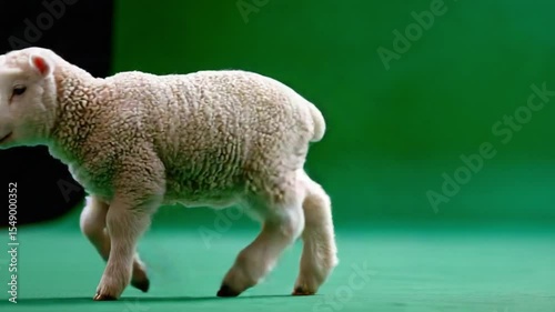 Fluffy Lamb on a Green Background: A precious lamb explores its world against a vibrant green backdrop, embodying the innocence and gentleness of youth.