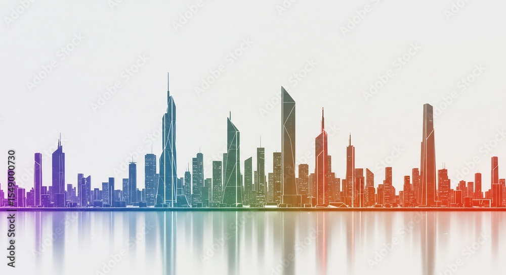 Fototapeta premium Vibrant rainbow skyline reflects softly on calm water. AI Generated
