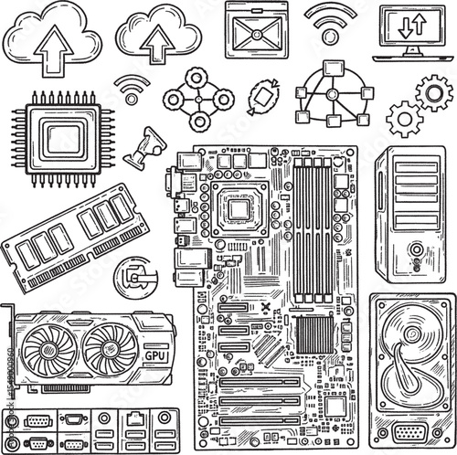 Chalkboard-style hand-drawn icons illustrating various computer hardware components, cloud computing, and networking concepts.