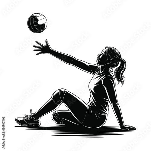 Black and White Silhouette of Female Volleyball Player Receiving Ball Sitting on Court woman athlete