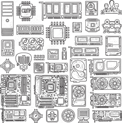 Chalkboard-style hand-drawn icons illustrating a wide range of computer hardware components, from CPUs to storage and graphics cards.