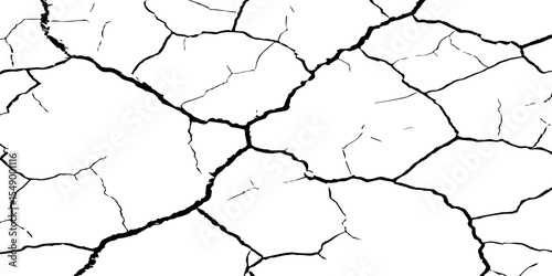 A high-contrast black and white texture of cracked earth or dry, parched ground. The image features irregular, jagged fissures and organic shapes, creating a fragmente.