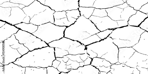 A high-contrast black and white texture of cracked earth or dry, parched ground. The image features irregular, jagged fissures and organic shapes, creating a fragmente.