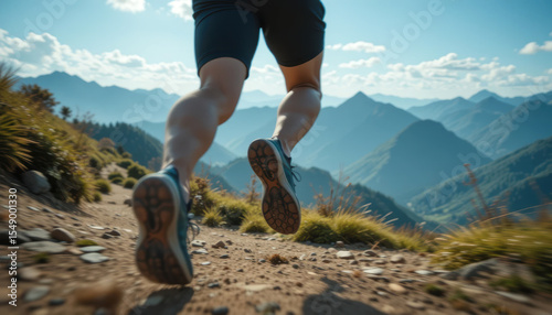 Trail Runner's Legs and Shoes Ascending a Mountain Path with Scenic Valley Views