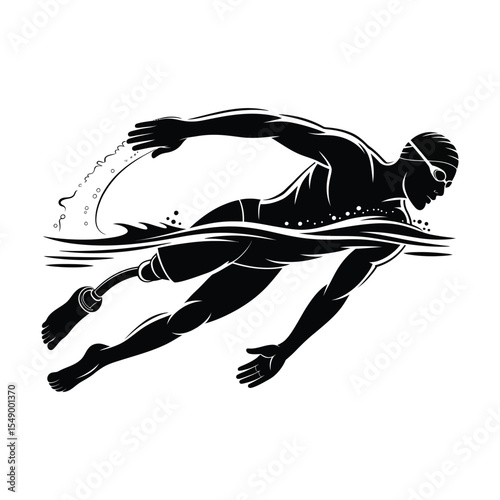 Black Silhouette of Amputee Swimmer Freestyle Stroke Water Sports Athlete Paralympic Competition swimming