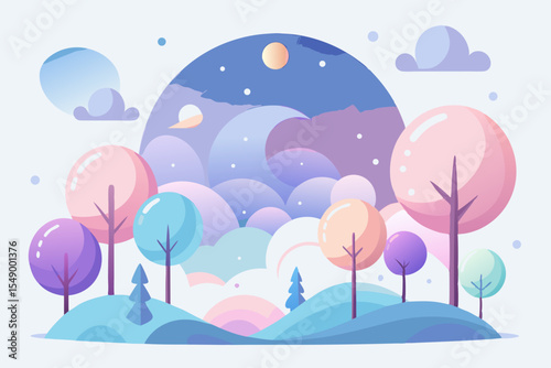 dreamy forest pastel trees moon night art