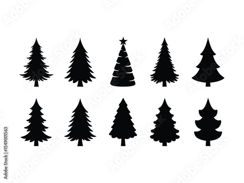 Ten Black Silhouette Christmas Trees Various Styles Star Topper Simple Icons Set vector