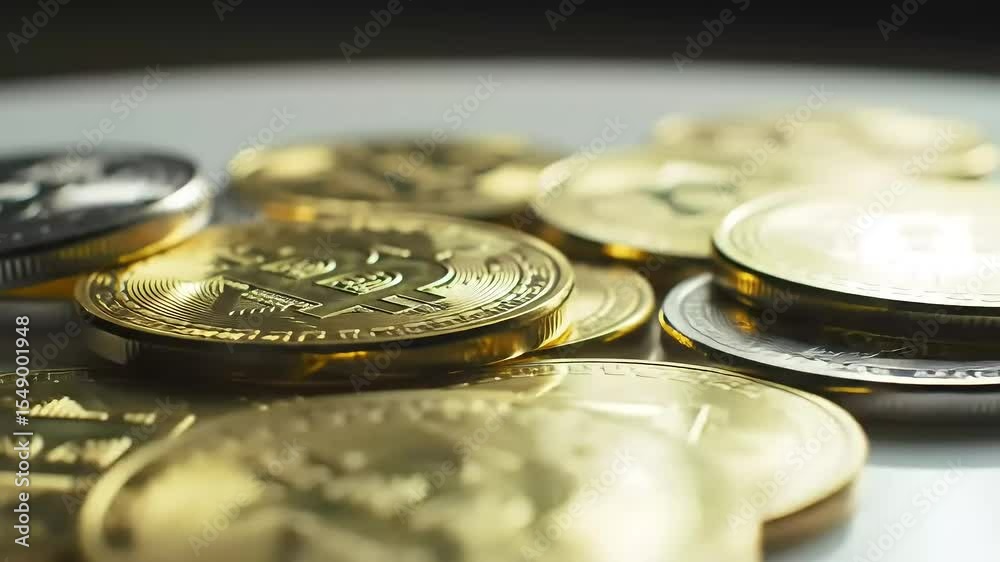 Close-up of gold & silver crypto coins on a table, blurred background, finance concept
