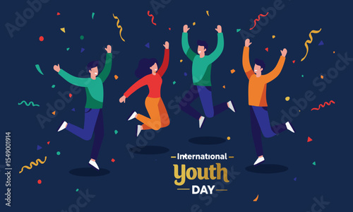 Flat vector of young people dancing with joyful expression on International Youth Day. Ideal for web banners, flyers, and social media design templates