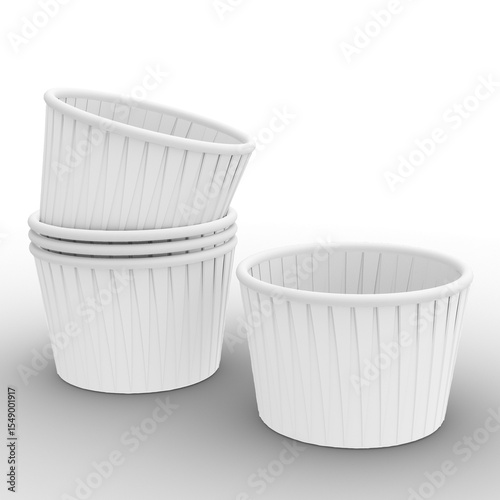 A stack of four white paper cups designed for serving food or snacks.