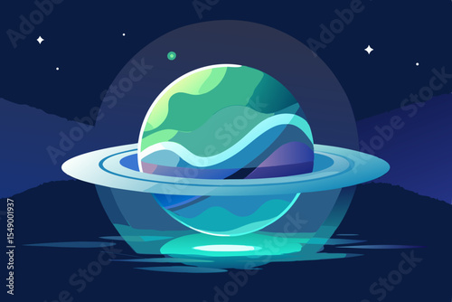 aurora ringed planet night scene  
