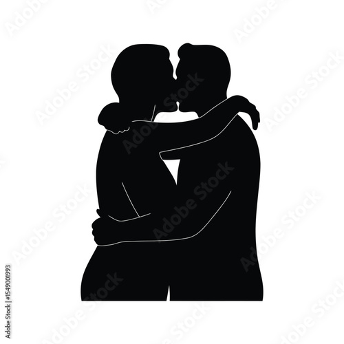 Silhouette of a couple kissing passionately romantic embrace black and white illustration love romance affection
