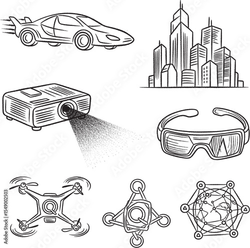Chalkboard-style hand-drawn icons illustrating modern technology and futuristic concepts, including smart cities and drones.