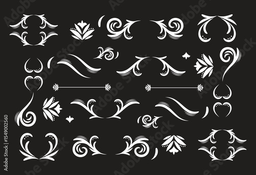 Swirl ornament stroke. Ornamental curls, swirls divider and filigree ornaments vector illustration set