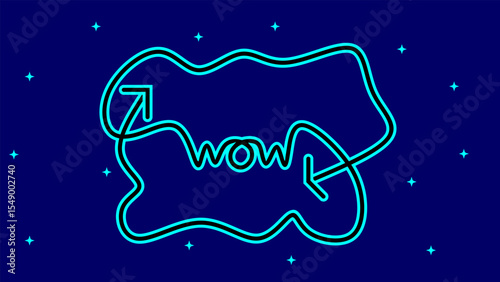 Playful neon outline of a Wow speech bubble with whimsical arrows, set against a starry blue background. Perfect for expressive digital content or engaging social media