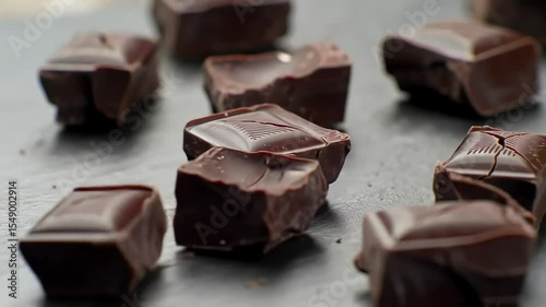 Dark chocolate pieces on slate, close-up, food photography