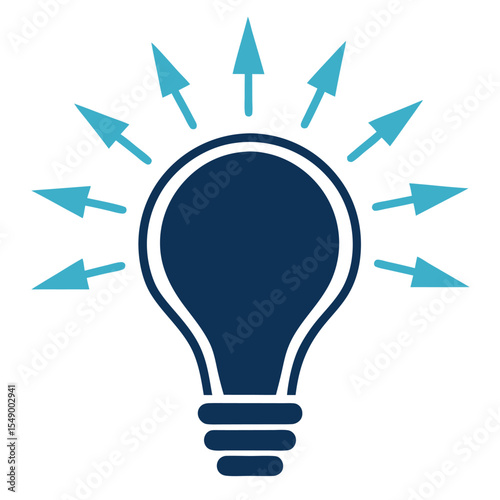 Dark blue lightbulb with outward radiating light blue arrows