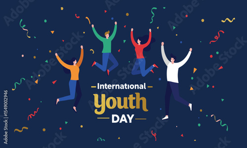 Flat vector of young people dancing with joyful expression on International Youth Day. Ideal for web banners, flyers, and social media design templates