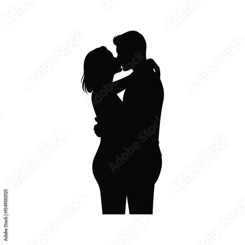 Silhouette of a couple kissing passionately romantic embrace love relationship black and white vector illustration