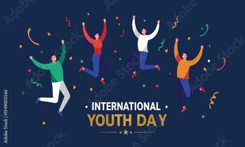 Youth jumping and celebrating International Youth Day on dark background with confetti. Perfect for posters, flyers, social media campaigns, and youth event branding