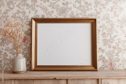 mockup frame, cottagecore floral nursery wallpaper from the front in neutral beige colors