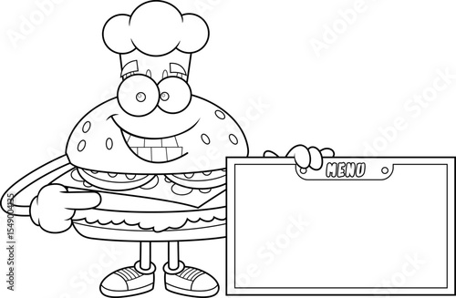 Burger Chef Cartoon Character Pointing At Blank Menu Board
